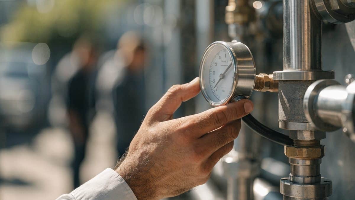Technician's hand adjusting a pressure test gauge dial on a backflow prevention device
