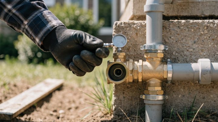 Brass backflow preventer device installed on an exterior pipe assembly near a building foundation, technician's gloved hand attaching a test gauge