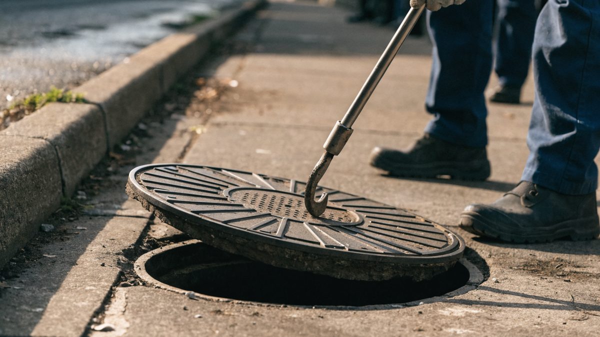Close-up of a street manhole cover partly lifted by a city utility worker's hook tool