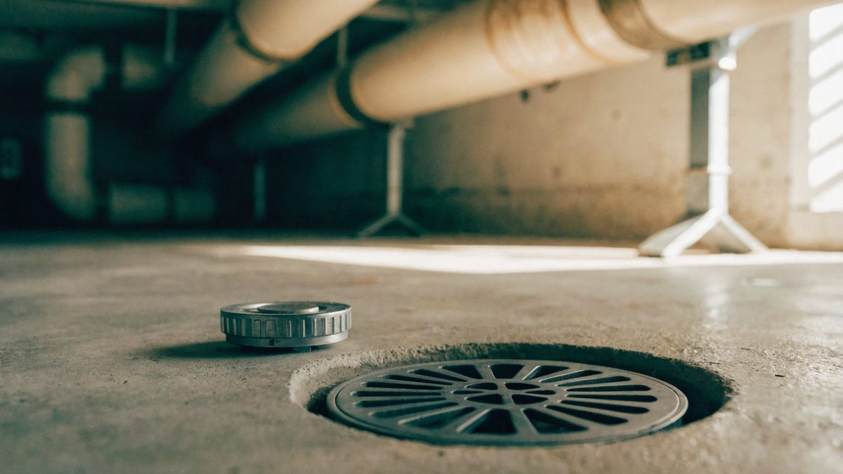 Basement floor drain with a backwater valve cover nearby, clean and dry, no visible mess