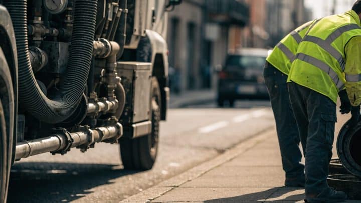 A municipal sewer maintenance truck parked on a city street beside an open manhole, with workers in safety vests