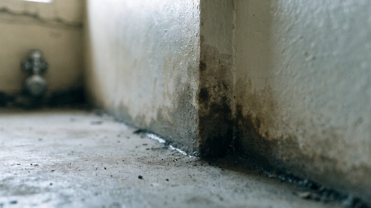 Close-up of a water stain and mild discoloration on a basement wall corner near the floor