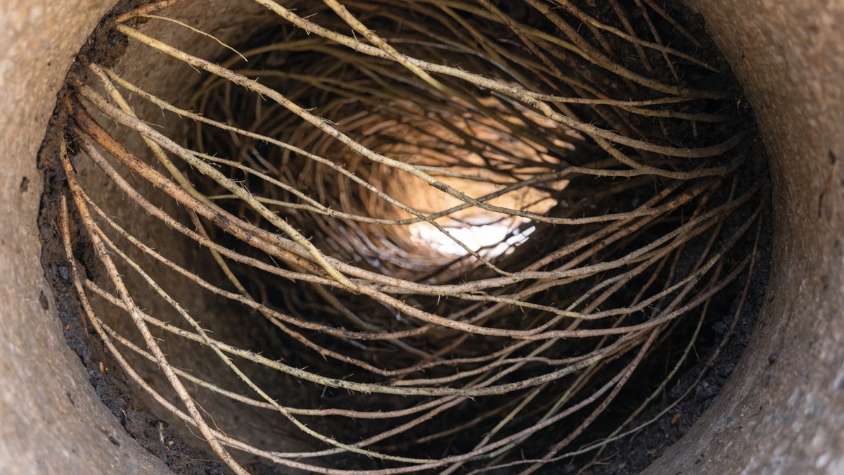 Camera-inspection close-up of tree root intrusion filling a sewer pipe interior