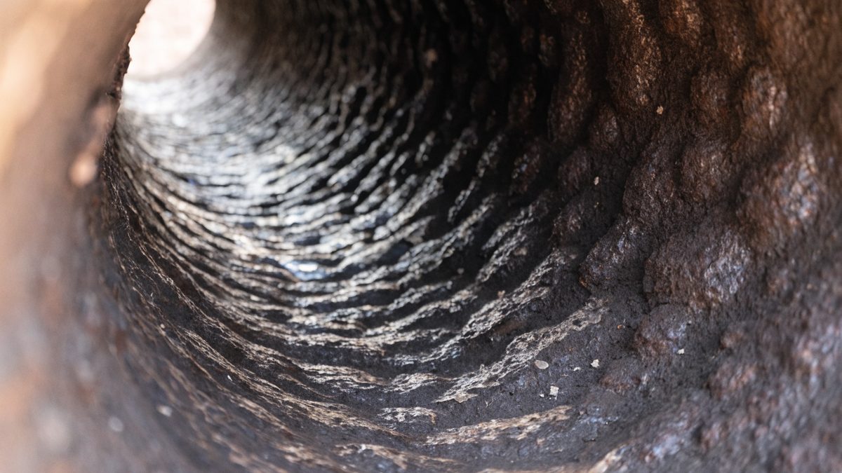 Camera-inspection close-up of a corroded cast iron pipe interior wall