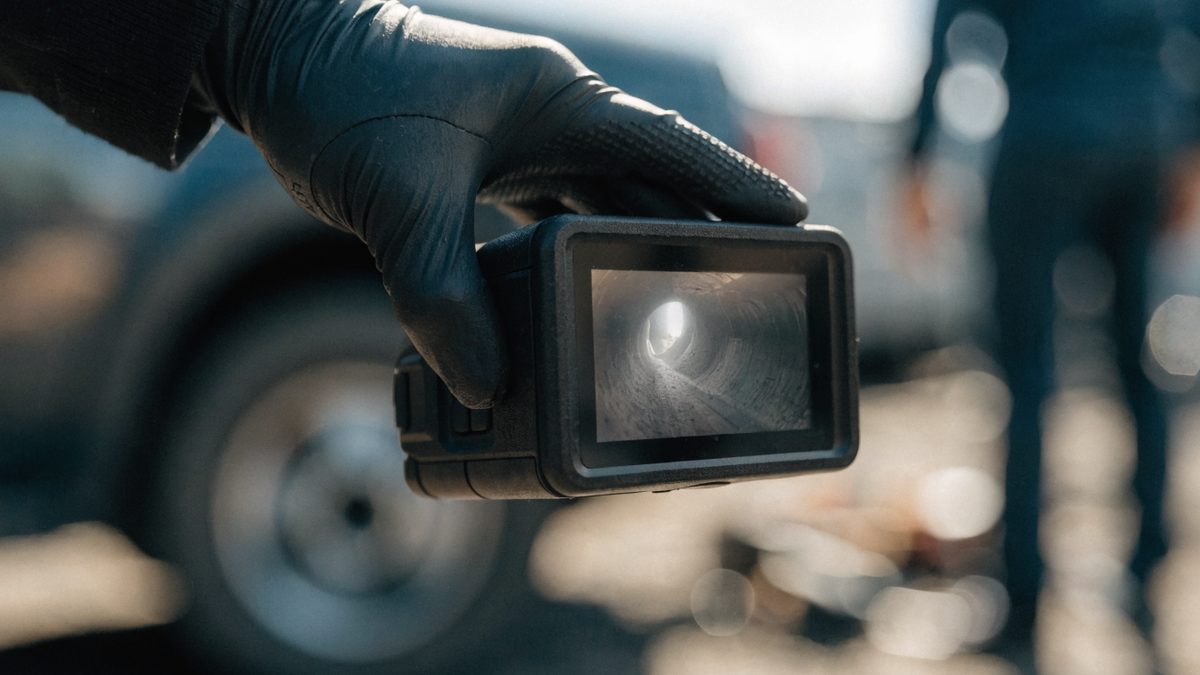 Small handheld sewer inspection camera monitor showing a blurred pipe interior, held by a gloved hand