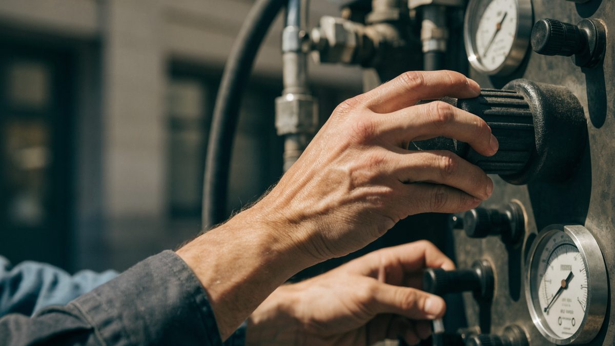 Technician's hands operating a hydro-jetting machine control panel with pressure gauges