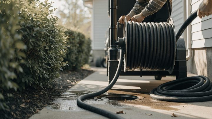 Hydro-jetting service trailer with hose being fed into a sewer cleanout, technician's hands operating the reel, driveway setting
