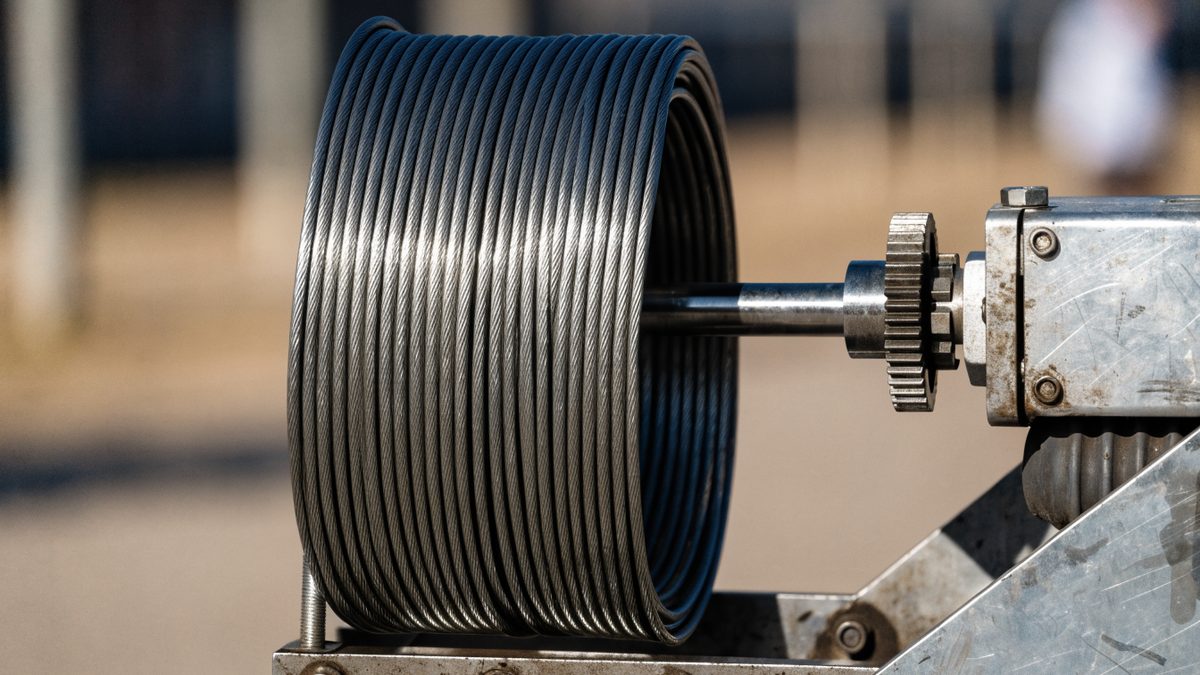 Close-up of a mechanical drain snake cable coil and motor unit