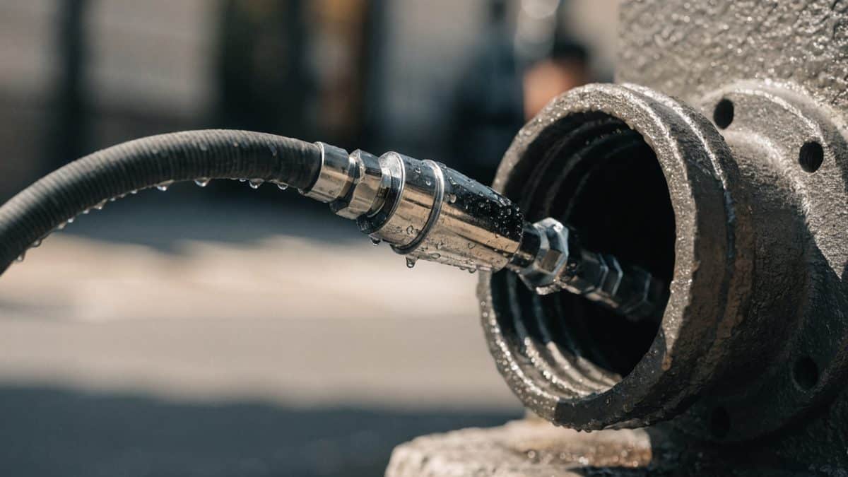 Close-up of a hydro-jetting hose nozzle at a sewer cleanout, water droplets visible
