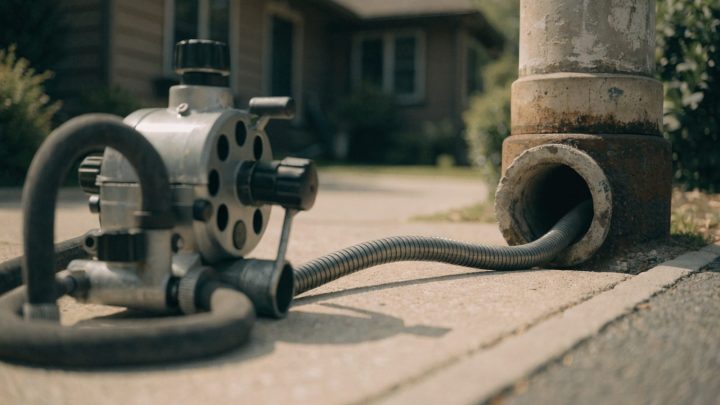 A plumber's mechanical drain snake machine feeding a cable into a pipe cleanout