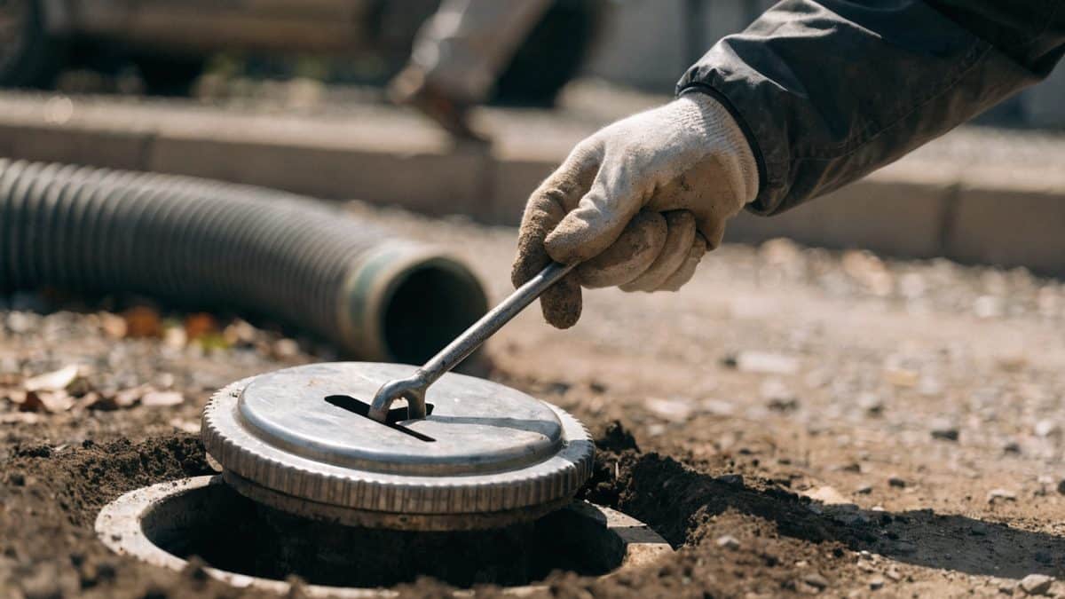 Gloved hand opening a sewer cleanout cap to clear a main line clog