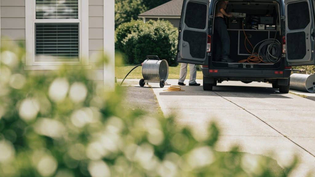 A plumber's service van parked in a driveway with drain-cleaning equipment being unloaded