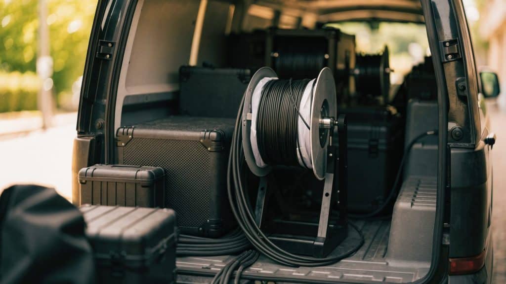 Back of a plumbing service van with sewer inspection camera equipment neatly organized