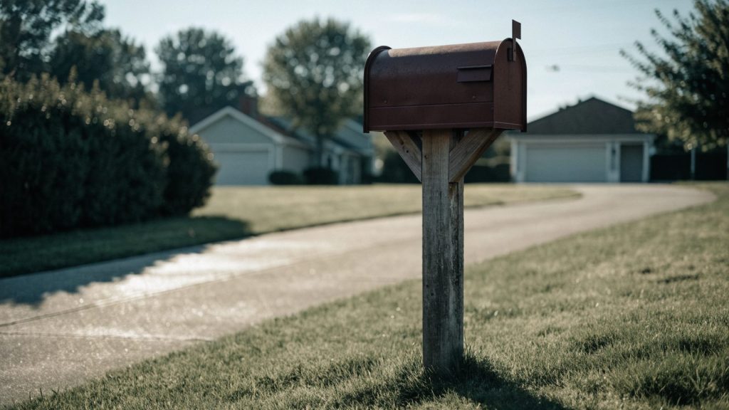 A classic outdoor mailbox on a wooden post at the end of a suburban driveway