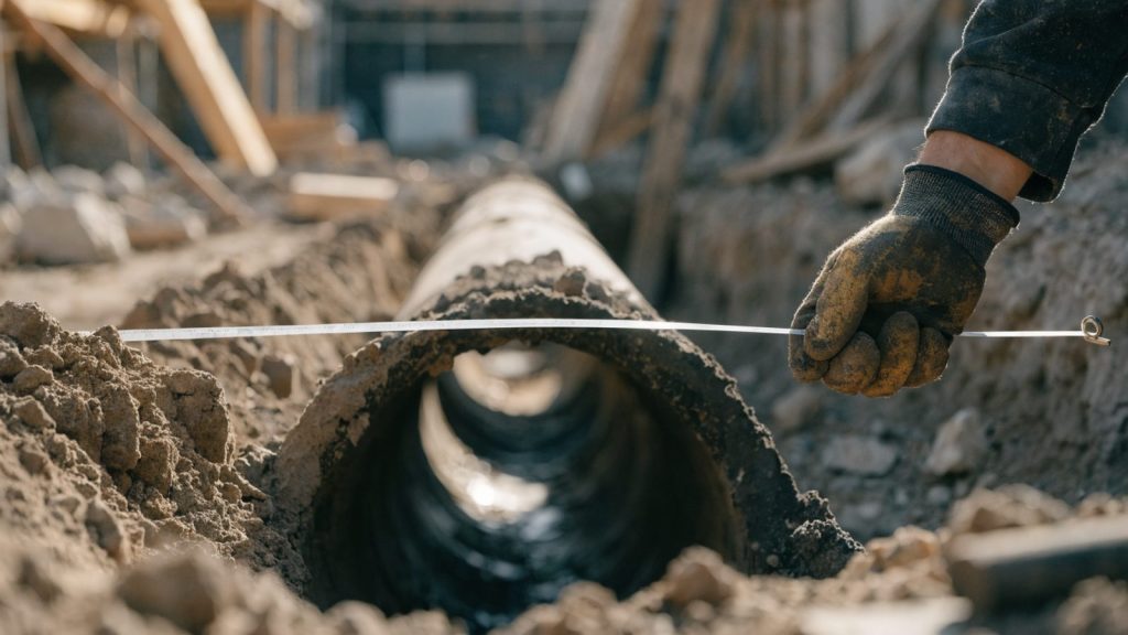 Close-up of a measuring tape stretched across an exposed section of sewer pipe at a construction site