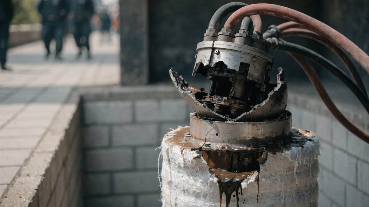 Pipe bursting hydraulic equipment head positioned at an access pit, hydraulic hoses visible