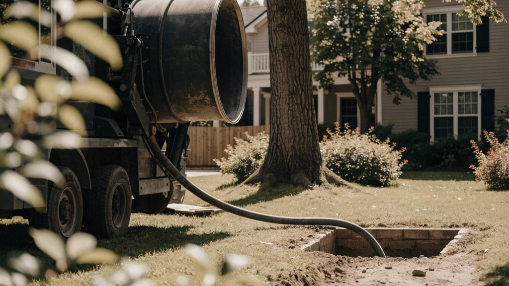 CIPP pipe lining service truck with an inversion drum, hose running into a small access pit in a residential yard