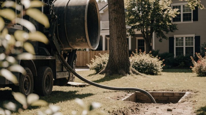 CIPP pipe lining service truck with an inversion drum, hose running into a small access pit in a residential yard