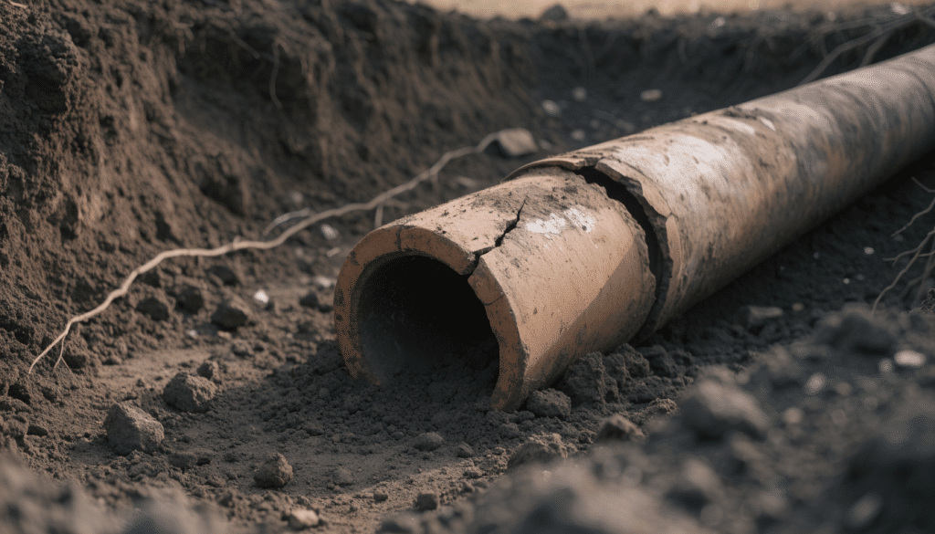 Old clay sewer pipe with a cracked end lying in an open trench, thin tree roots crossing the dark soil beside it