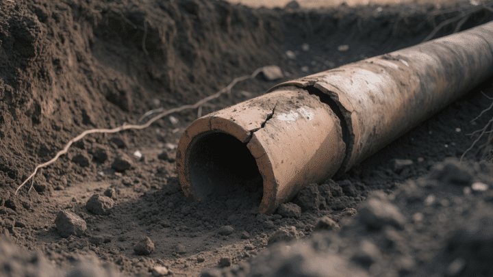 Old clay sewer pipe with a cracked end lying in an open trench, thin tree roots crossing the dark soil beside it