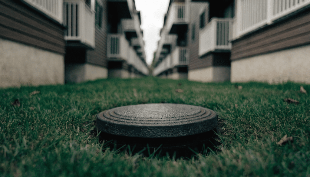 A cast iron sewer cleanout cap set in the lawn between two rows of attached condo units