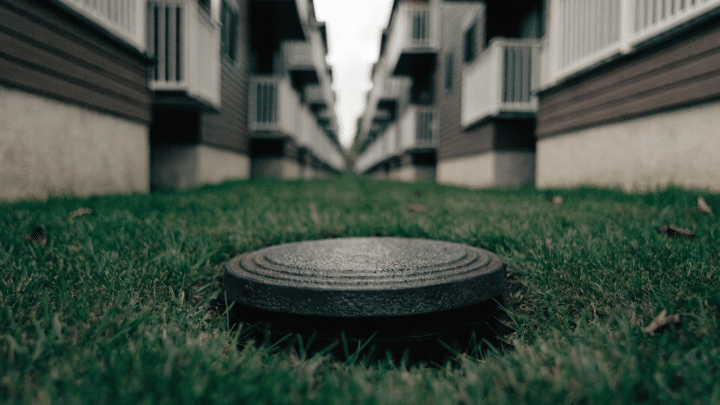 A cast iron sewer cleanout cap set in the lawn between two rows of attached condo units