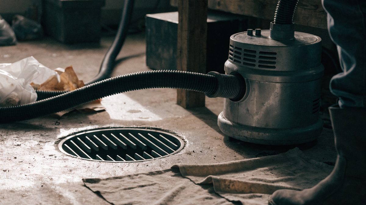 Wet-vac machine and cleaning supplies staged near a basement floor drain