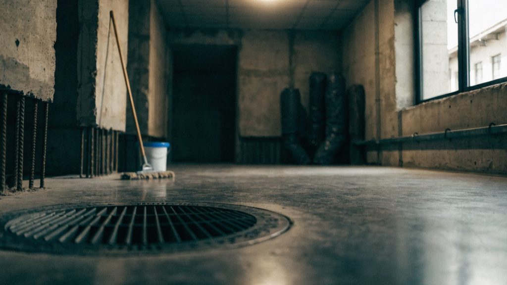 Unfinished concrete basement utility room with a floor drain, mop and bucket nearby, moody overhead light, clean and dry
