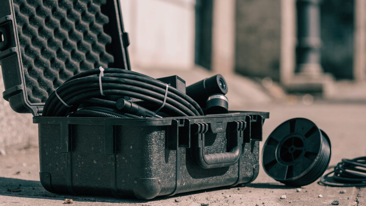 Open equipment case on the ground showing sewer camera inspection tools and cable reel