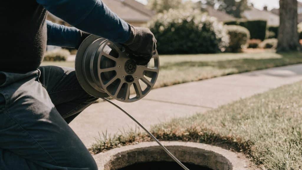 Technician kneeling beside a sewer cleanout access point operating a camera inspection reel, suburban front yard, torso and hands only