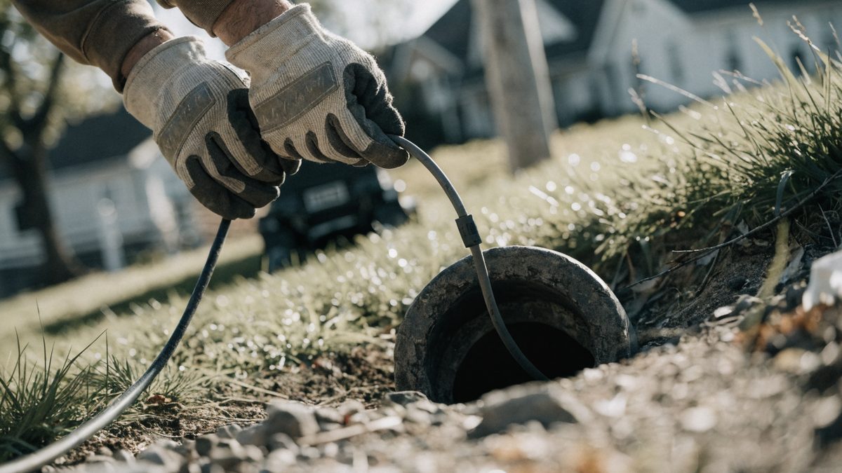 Gloved hands feeding a sewer inspection camera cable into a pipe cleanout in a front yard
