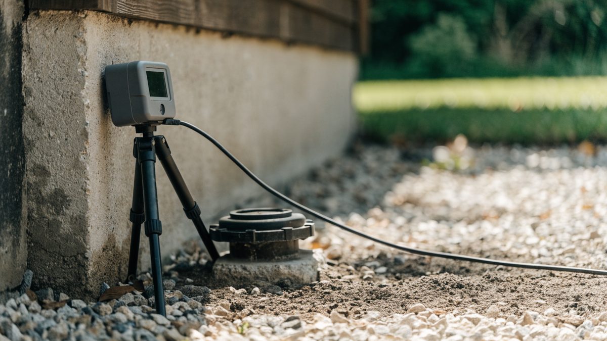 Small portable sewer camera monitor unit on a tripod near a house foundation, cable running to a cleanout