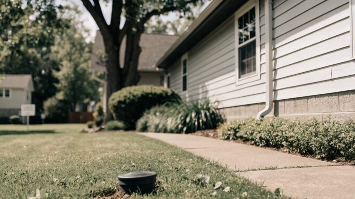 Suburban house exterior with a visible cleanout pipe cap in the front lawn, for-sale sign blurred in far background, daytime