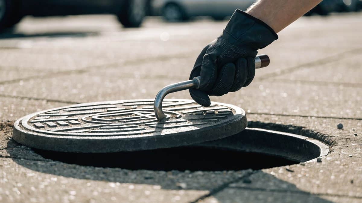 Gloved hand lifting a manhole cover with a metal hook tool