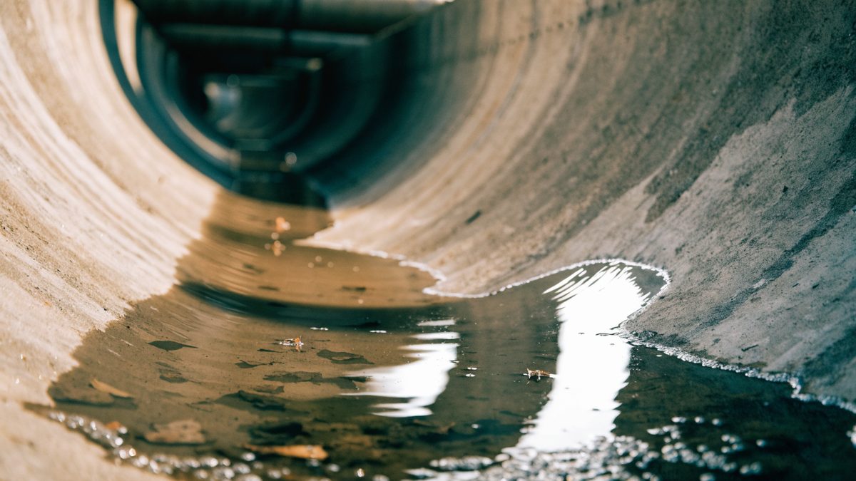 Camera-inspection close-up of standing water pooled in a low section of pipe