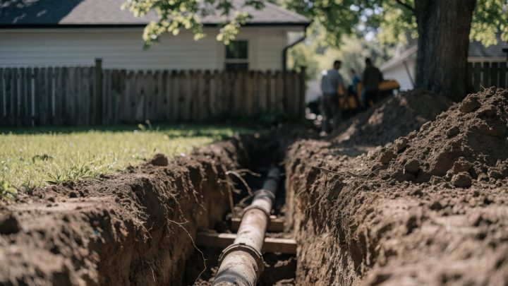 Open excavation trench in a residential yard exposing a sagging section of sewer pipe, construction site, daytime