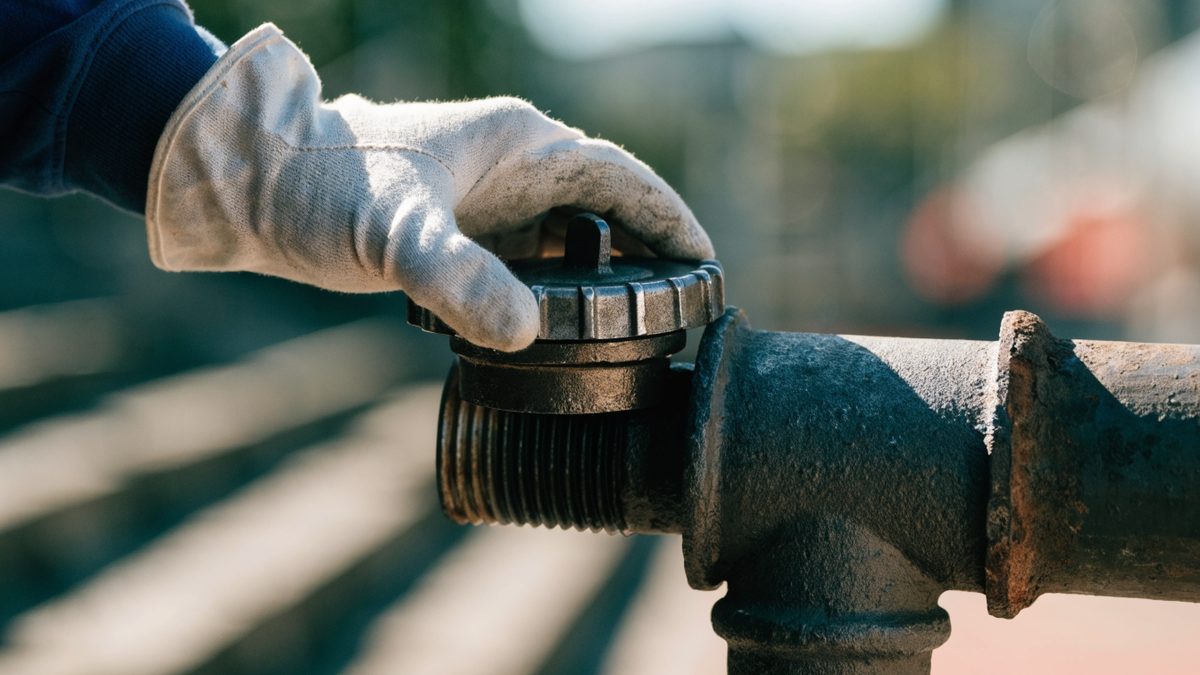 Close-up of a gloved hand twisting open a sewer cleanout pipe cap