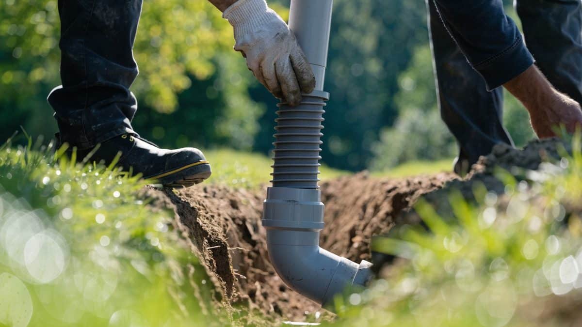 Plumber lowering a cleanout riser pipe into a shallow trench in a yard