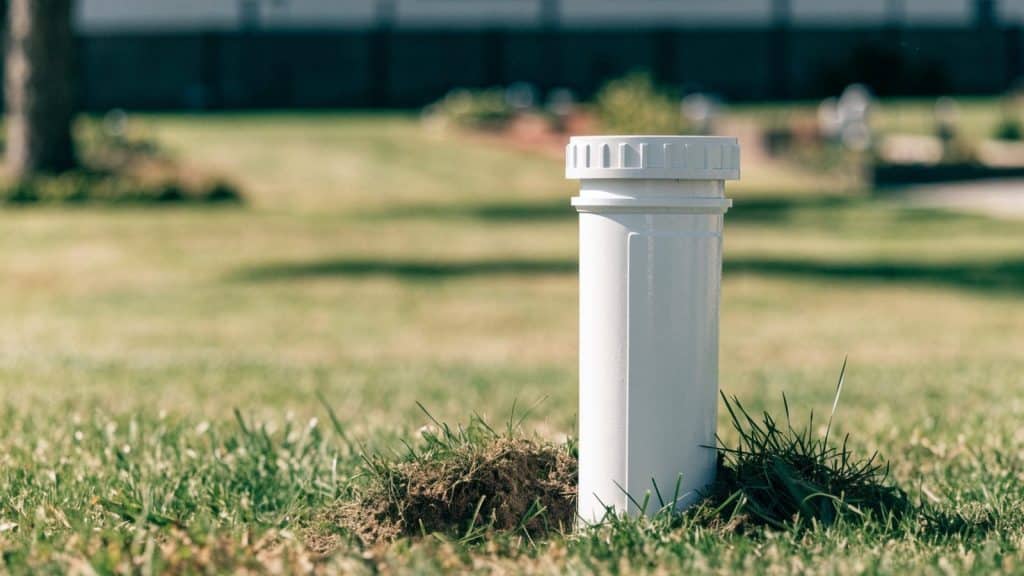 Newly installed white PVC sewer cleanout pipe with a screw cap, standing upright in a mowed lawn