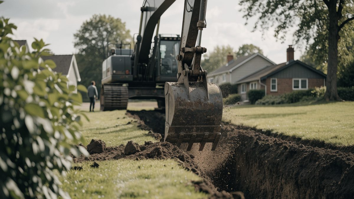 Excavator digging a trench across a suburban yard on an overcast day