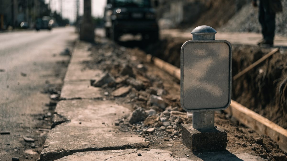 Close-up of a blank generic permit sign post at a municipal street excavation site, no readable text