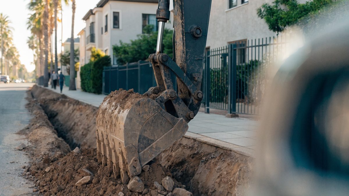 Excavator digging a trench along a residential street with palm trees in the background
