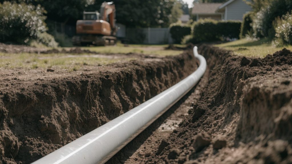 Wide shot of an open trench excavation in a residential yard with new white PVC sewer pipe being laid, excavator in soft-focus background