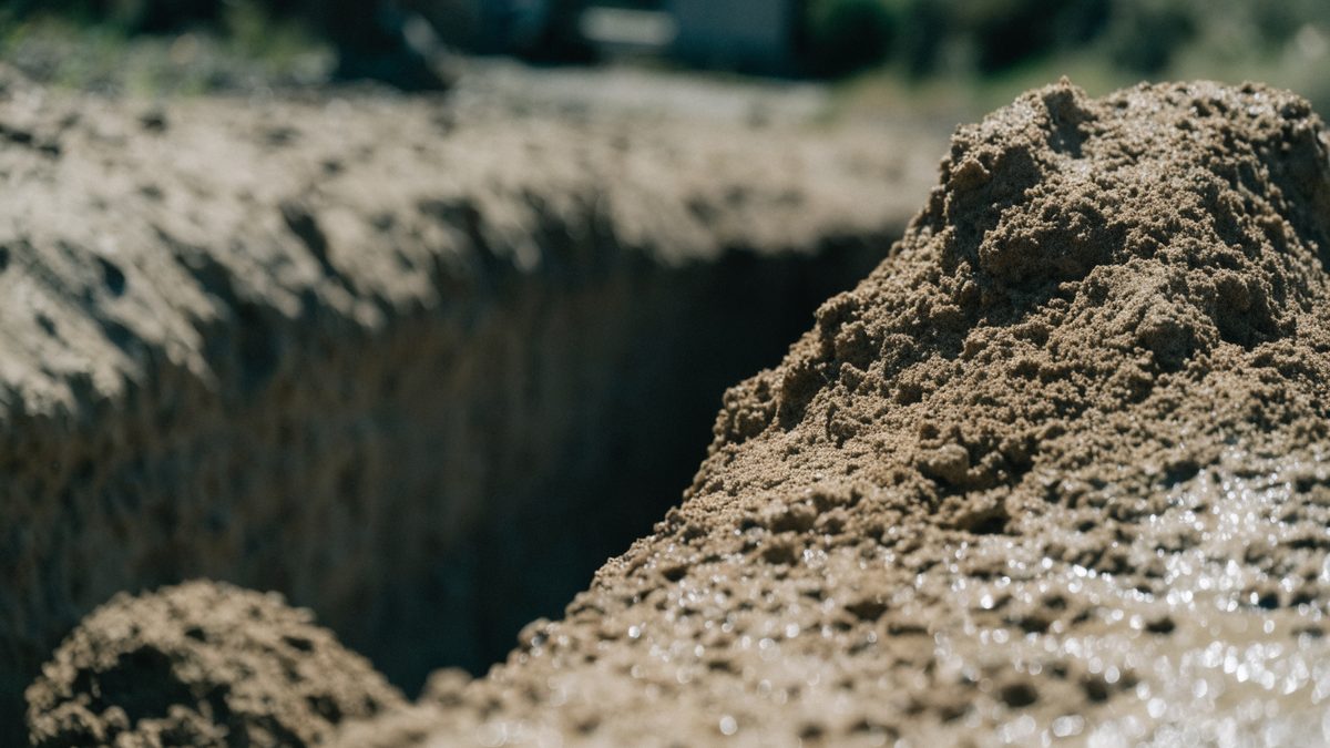Close-up of wet sandy soil at the edge of a shallow excavation trench