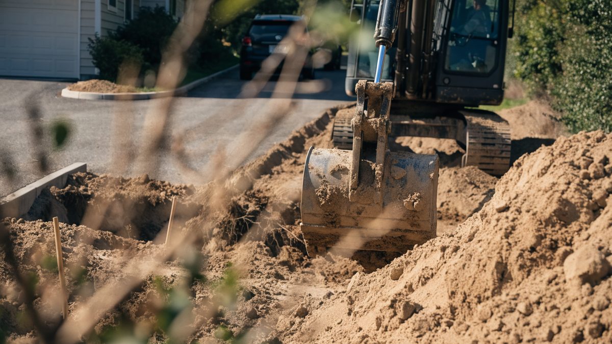 Excavator working in loose sandy soil near a residential driveway