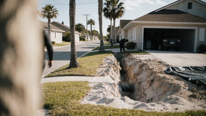 Florida suburban street with palm trees, shallow sandy trench excavation for sewer line work near a driveway