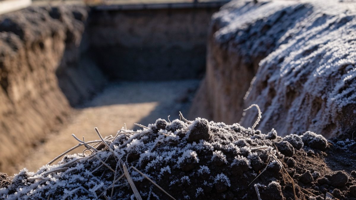 Close-up of frost-covered soil at the edge of a deep excavation trench