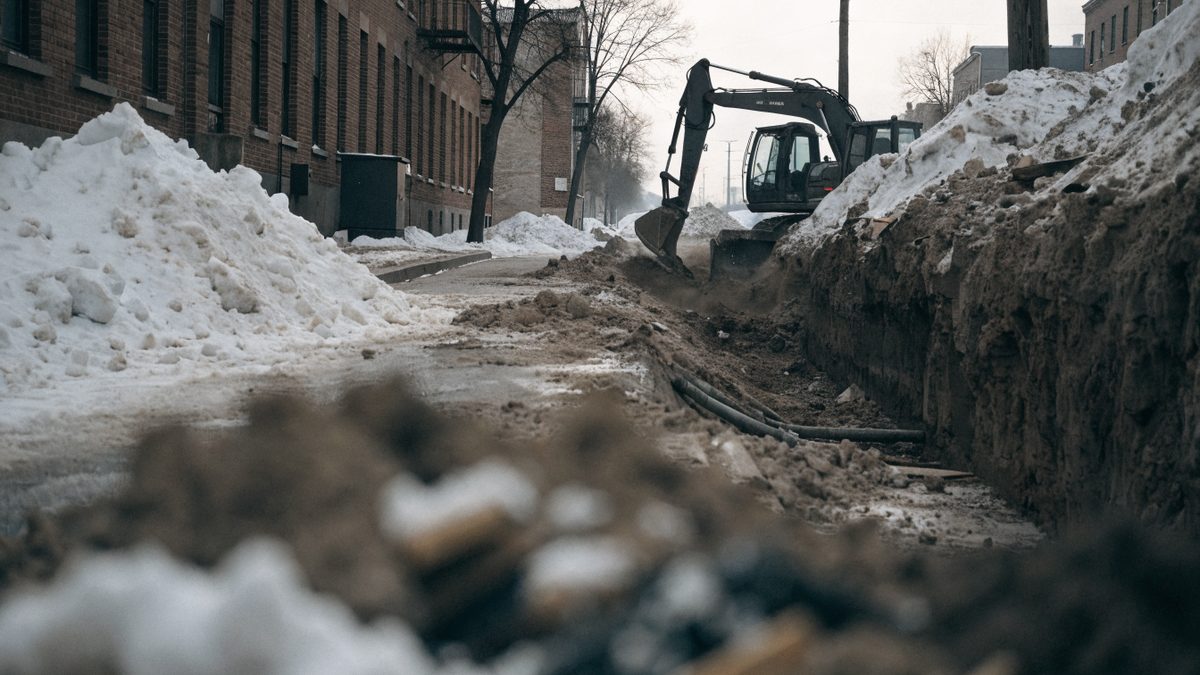 Excavator digging a deep trench in a residential street under a grey winter sky