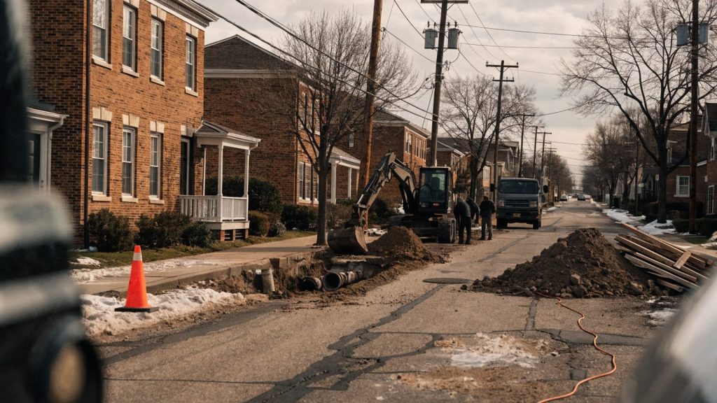 Chicago-style suburban brick house street with a utility crew excavating a sewer line on a cold overcast day