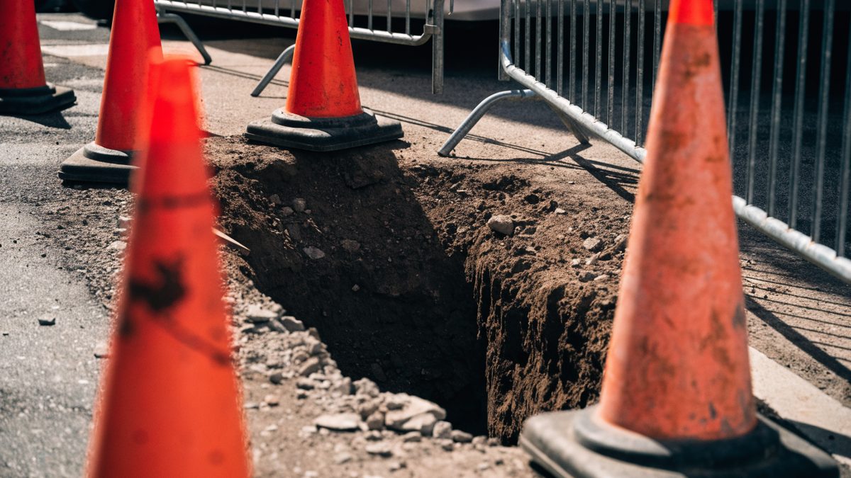 Close-up of a street excavation pit surrounded by orange traffic cones and barriers